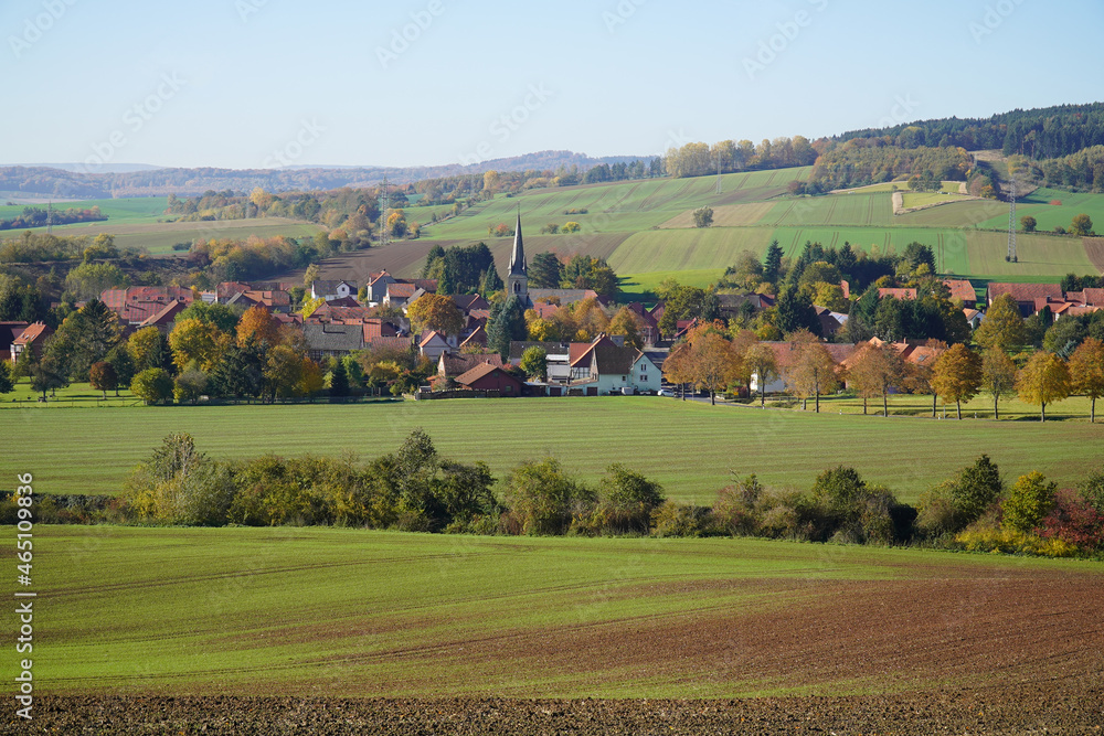 Panorama View of the village Stroit, a locality of Einbeck in district of Northeim, southern Lower Saxony, Germany.