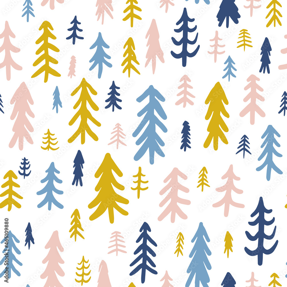 Obraz premium Christmas tree seamless repeat pattern. Vector, hand drawn fir trees forest all over surface print on white background.