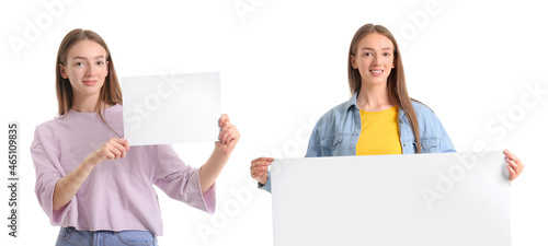 Young woman with blank card...