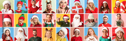 Group of different people in Christmas clothes on color background