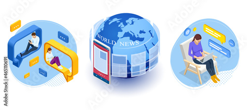 Isometric business news concept. Business news website on digital tablet, everyday searching for job and business opportunities