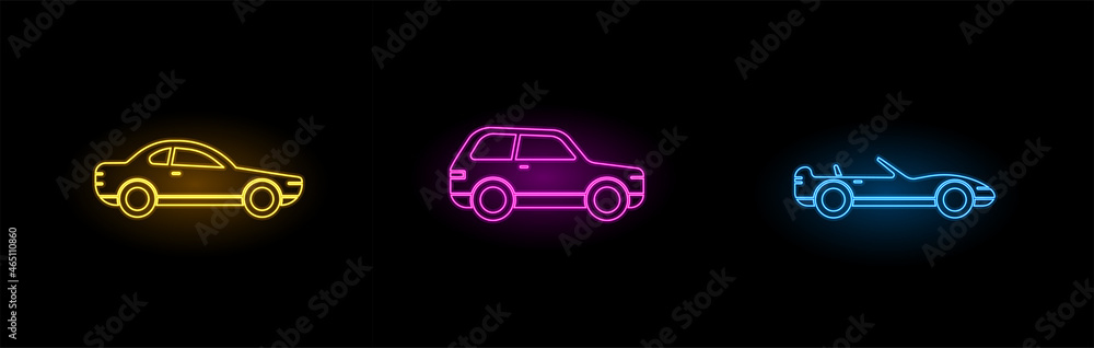 Neon Car Icons Set. Three Different Cars. Electric Neon Color.