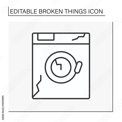 Device line icon. Destroyed electronic device. Smashed washing machine. Vandalism, chaos. Broken things concept. Isolated vector illustration. Editable stroke