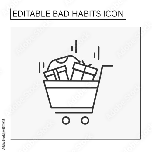 Shopaholism line icon. Addiction to shopping. Filled shopping cart. Bad habits concept. Isolated vector illustration. Editable stroke
