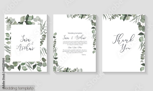 Vector herbal wedding invitation template. Different herbs, green plants and leaves. All elements can be isolated.