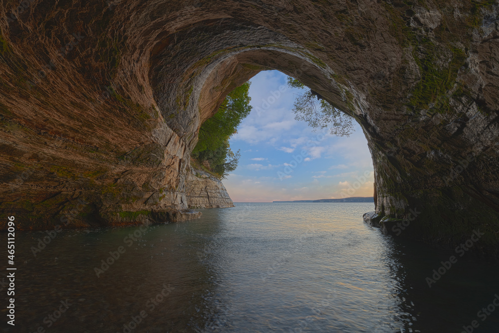 Landscape at dawn, of the interior of Cathedral Sea Cave, Grand Island, Lake Superior, Michigan’s Upper Peninsula, USA