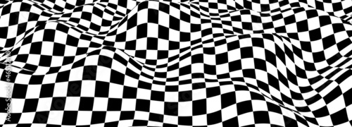 Abstract landscape of black and white squares. Optical illusion wave. Distortion effect. Vector illustration.