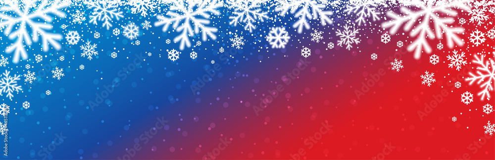 Blue and red christmas banner with white blurred snowflakes. Merry Christmas and Happy New Year greeting banner. Horizontal new year background, headers, posters, cards, website. Vector illustration