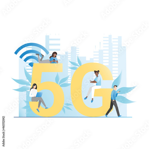 Vector people use high-speed 5g network with wi-fi signal in smartphones, laptops for data transfer. High technologies of future on Internet.