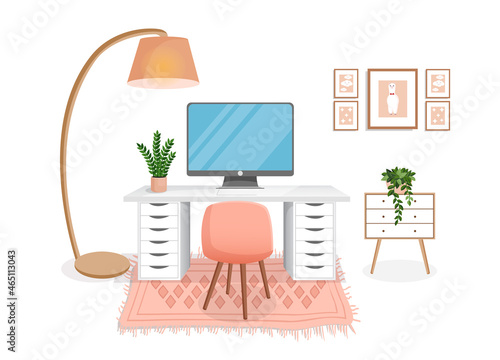 Modern interior for home office with computer, cabinet, remote work, freelancing, education. Workplace with houseplants. Vector illustration in flat cartoon style. Comfortable workplace and apartment.