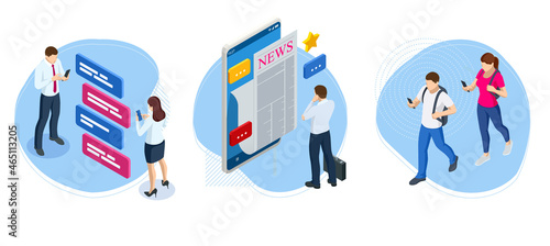 Isometric business news concept. Business news website on digital tablet, everyday searching for job and business opportunities.