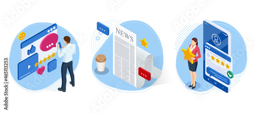 Isometric business news concept. Business news website on digital tablet, everyday searching for job and business opportunities.