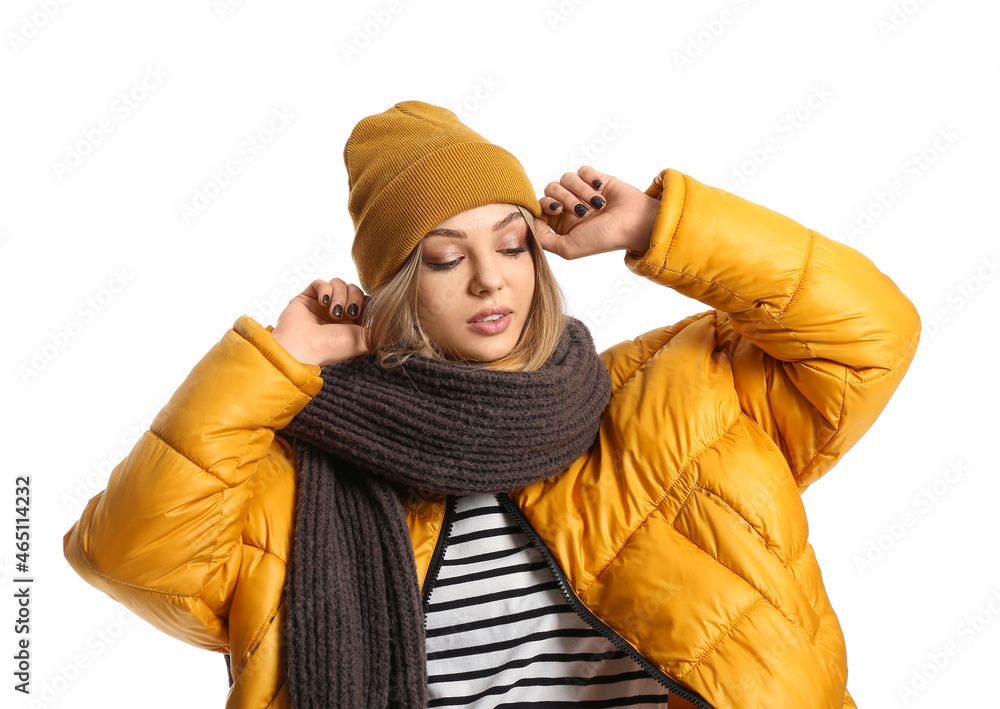 Pretty woman wearing beanie hat on white background Pretty woman wearing beanie hat on white background