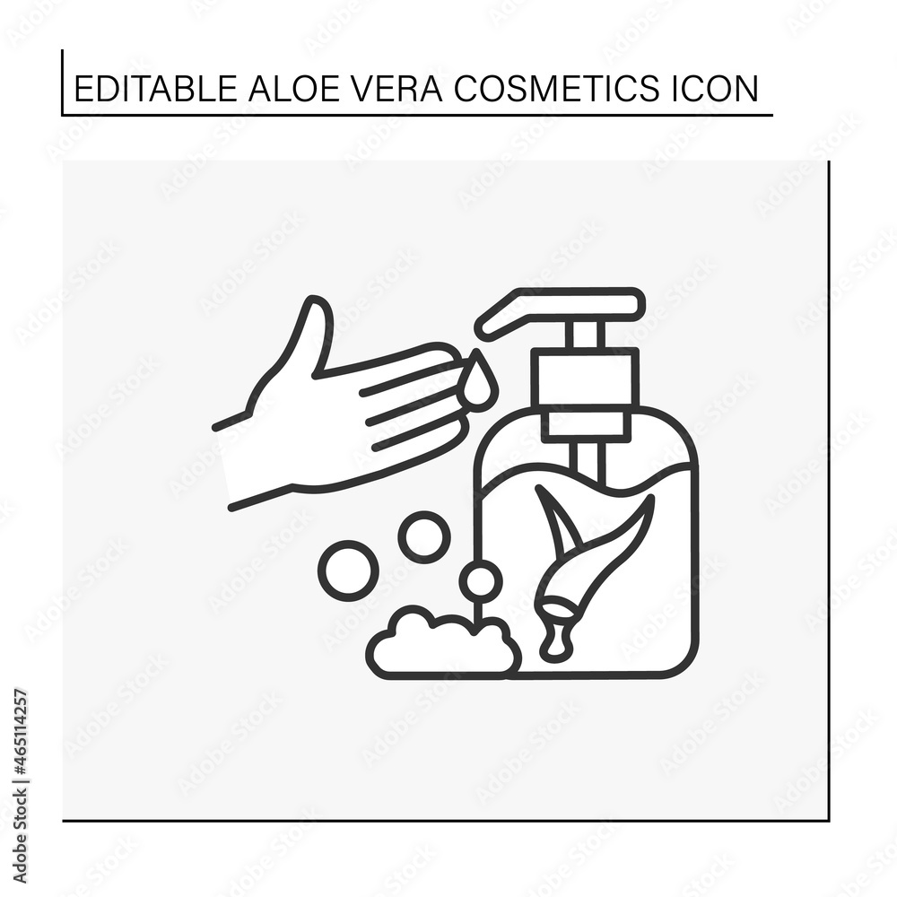 Beauty procedure line icon. Bath and body soap with aloe extract for hands disinfection. Soap for deep cleaning.Aloe vera cosmetics concept. Isolated vector illustration. Editable stroke
