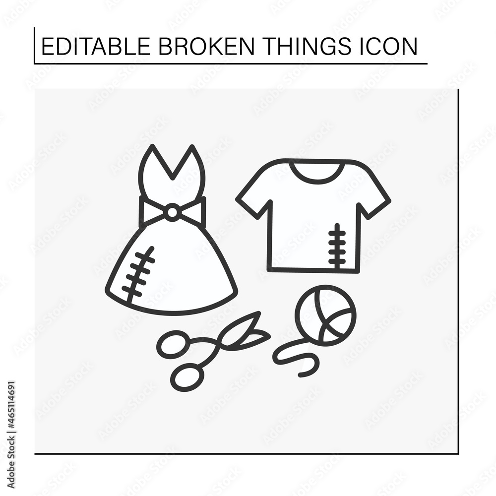 Clothing line icon. Torn clothes. Lacerated t-shirt and dress. Repair by needle and thread. Damaged apparel. Broken things concept. Isolated vector illustration. Editable stroke