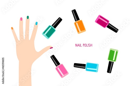 Female hand with nails of different colors, nail polish bottles on white background. Manicure set. Concept of manicure and color choice flat vector illustration. Manicure accessories, equipment tools.