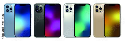 Smartphone set in white color with blank screen. I phone 13 pro mockup - Simple way to put a picture or screenshot below glossy, shiny screen layer, which affects each pattern - in eps10