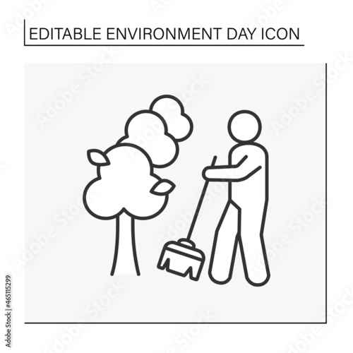 Nature line icon. Cleaning territory. Caring for the planet.Man with broom sweeps. Environment day concept. Isolated vector illustration. Editable stroke