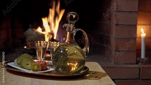 Traditional homemade Russion  herbal infused vodka with pickled cucumbers and firplace on background photo