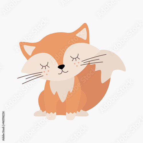 Scandinavian cute sleeping little fox, fox cub. Hand drawn vector element for nursery decoration, baby shower, birthday, children's party, poster, invitation, postcard, kids clothes