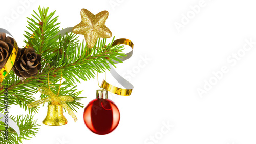 christmas or New Year tree decorated with toys and garlands isolated on white background, christmas or new year design photo