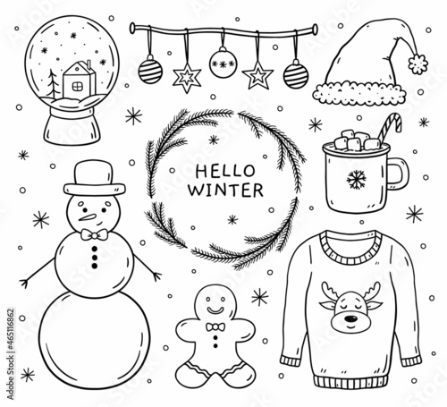 Set of winter doodles - snowman, gingerbread cookie, ugly sweater, snow globe, Santa hat, cup of cocoa and Christmas balls. Vector cartoon hand-drawn illustration. Perfect for holiday designs, cards.