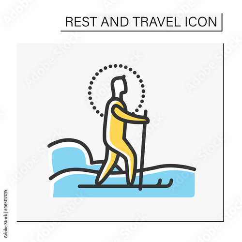 Skiing color icon. Adventure mountain tourism. Alpine skiing. Winter ski resort. Extreme traveling. Tourism types concept. Isolated vector illustration photo