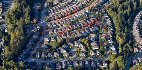 Residential Homes in Maple Ridge City in Greater Vancouver  British Columbia  Canada. Aerial View from Airplane. Sunny Fall Season.