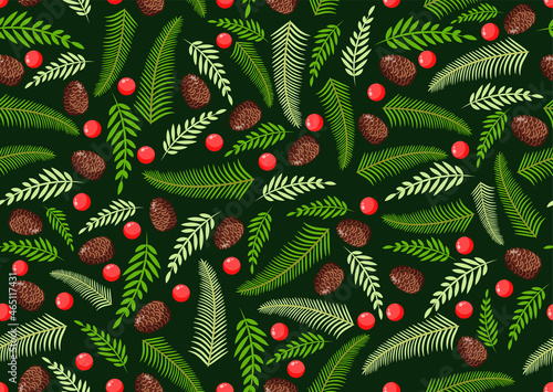 Christmas texture with natural pine, twigs, cones and berries. Vector illustration of Merry Christmas and Happy New Year. Seamless pattern. Design elements.