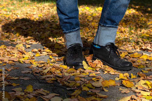 Men's legs in black boots and jeans against the background of autumn foliage. Walk in the park