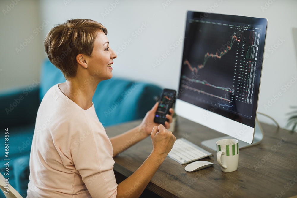 Woman Rejoicing Success During Trading With Cryptocurrency Woman Rejoicing Success During Trading With Cryptocurrency