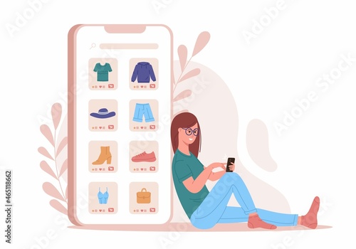 Mobile shopping consept. A woman buy things in the online store. Shopping on social networks through phone flat design style. Online shopping vector illustration.
