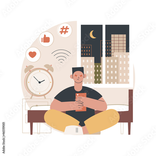 Smartphone addiction abstract concept vector illustration. Digital disorder, mobile device addiction, constant phone checking, sleep disorder, mental health, low self-esteem abstract metaphor.