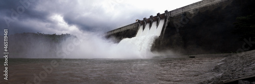Fotografie Overview of open the drainage through the dam spillway after full water to River
