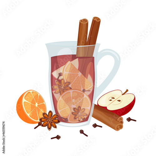 Mulled wine isolated. Ingredients red wine, cinnamon, anise, orange, clove and apple. Glass mug with hot winter beverage. Vector illustration on white background
