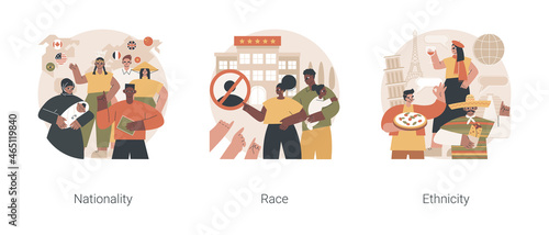 Human diversity abstract concept vector illustration set. Nationality, race and ethnicity, country of birth, passport, social difference, human rights, skin color, genetic code abstract metaphor.