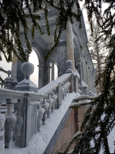Spruce branches covering the marble bridge. Russia  Pushkin 