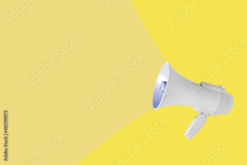 Minimal, aesthetic, abstract, creative scene with gray megaphone isolated on illuminating yellow background with copy space. Message card idea. Optimistic rhetoric loudspeaker concept.