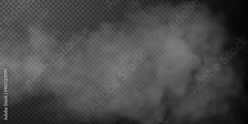 Vector isolated smoke PNG. White smoke texture on a transparent black background. Special effect of steam, smoke, fog, clouds.