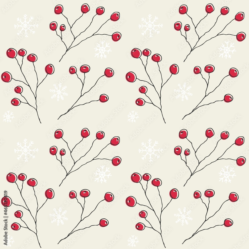 Red holly berries and snowflakes on beige background. Seamless background of twigs with berries and snow. For fabric, packaging or wallpaper.