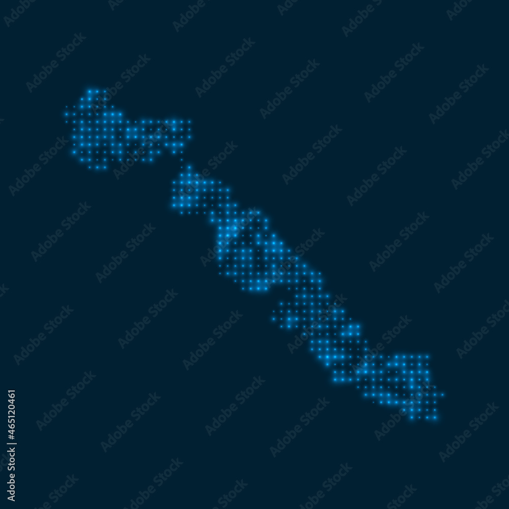 Musha Cay dotted glowing map. Shape of the island with blue bright bulbs. Vector illustration.
