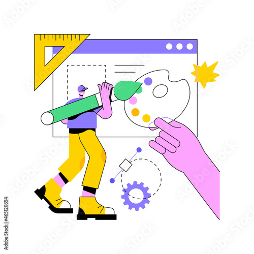 UI and UX design abstract concept vector illustration. Mobile app UI design, website UX, user interface, interaction experience, web development, menu bar, studio portfolio page abstract metaphor.
