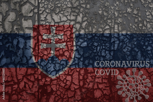flag of slovakia on a old metal rusty cracked wall with text coronavirus, covid, and virus picture.