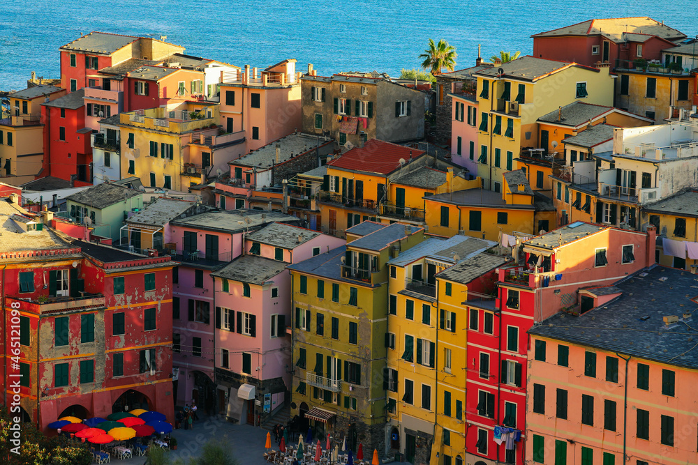 Closeup of beautiful Vernazza village on the coastline of Cinque Terre by the Ligurian Sea, Italy