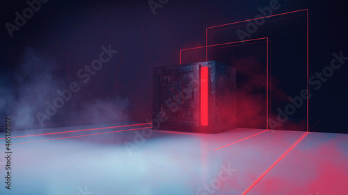 Abstract neon dark background, old rusty metal safe, neon lights rays and lines. Underground dark futuristic tunnel, basement, garage. An object in the center with neon light. 3D illustration.  © MiaStendal