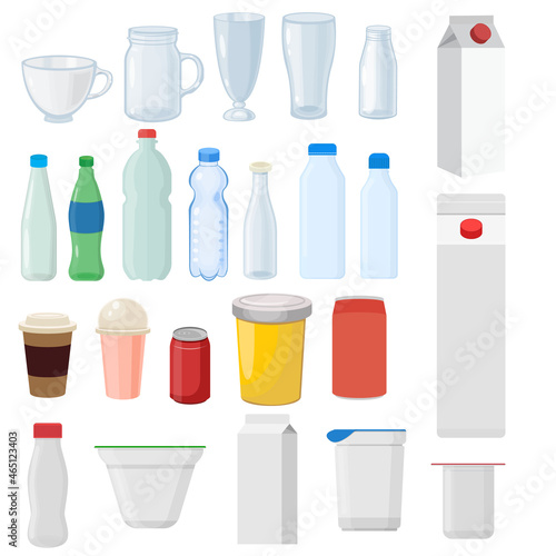 Set of bottles disposable and plastic container for food and liquids vector