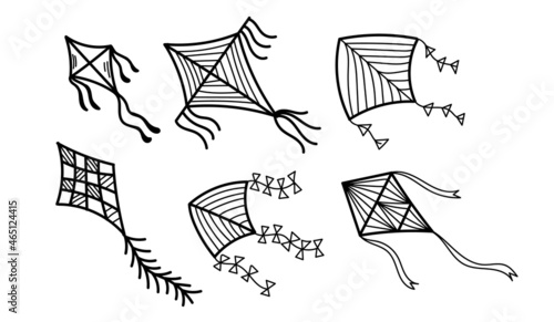 Doodle style Kite Set isolated on white background vector illustration. Collection of flying toys for children outdoor activity.