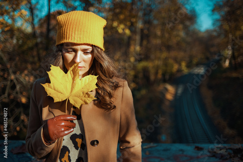 Obraz na plátně trendy female in brown coat and yellow hat