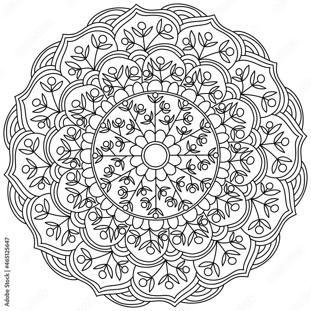 Contour mandala with bunches of berries and leaves and flowing curls, coloring page in the form of a circle with plant motifs