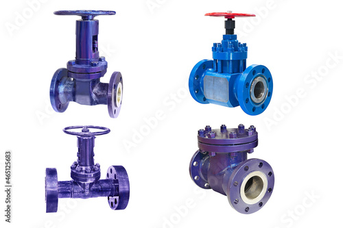 four valves of various designs with  manual control for a gas pipeline on a white background